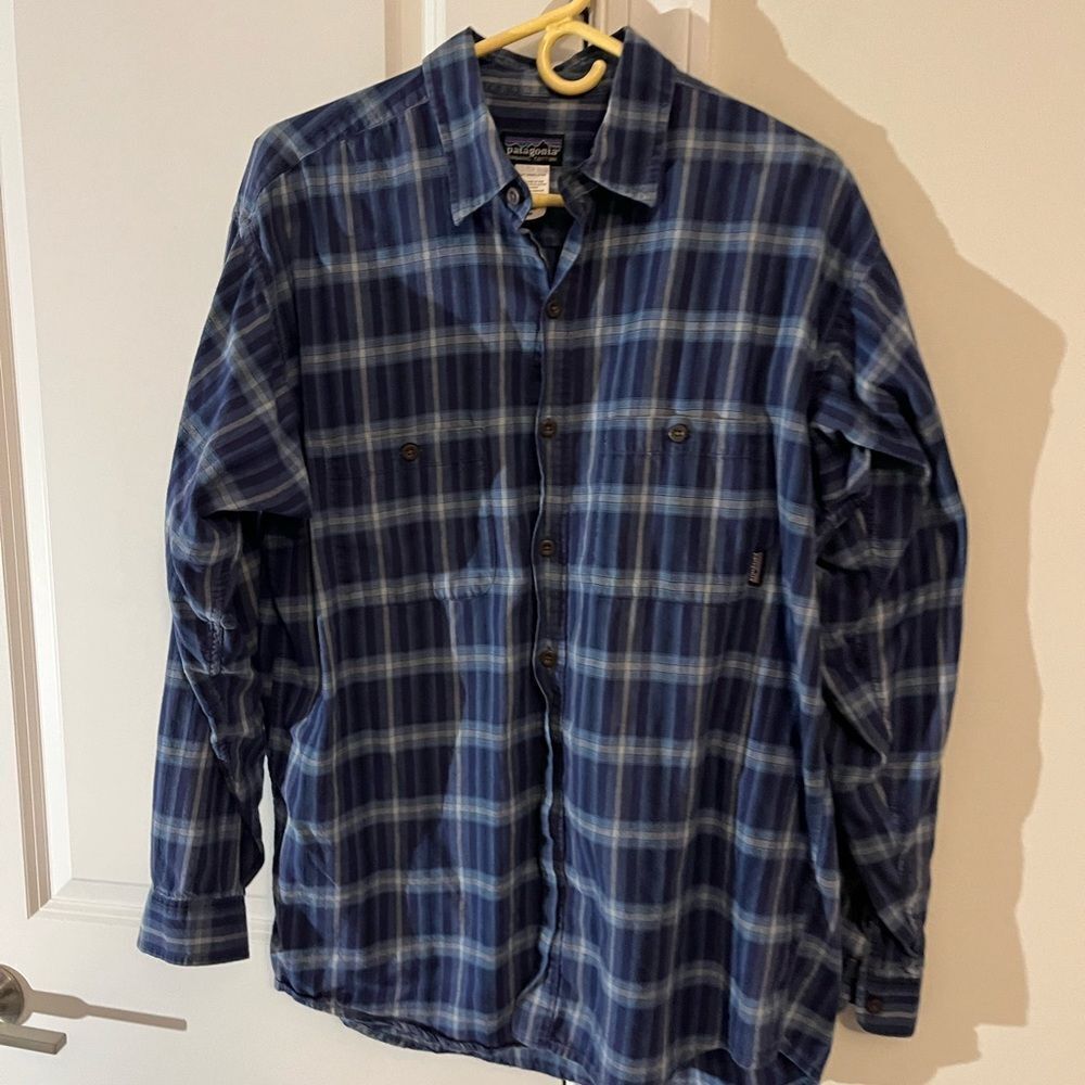 Blue Flannel plaid check Patagonia organic cotton long sleeve work shirt M mens